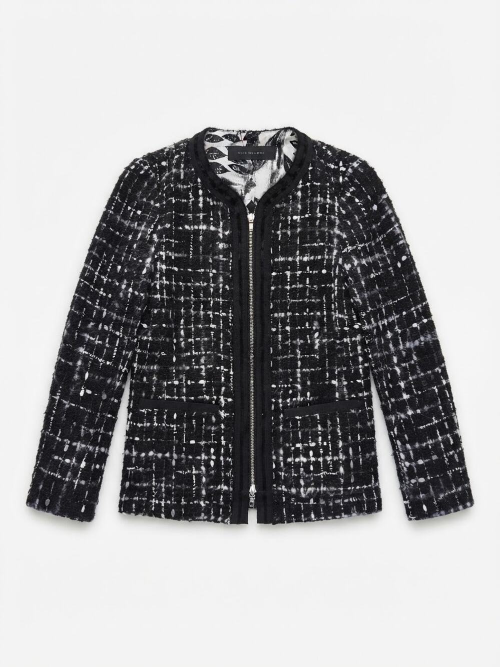 Elie Tahari Black White Tweed Zip Jacket Virgin Wool Silk Blend Small Luxury